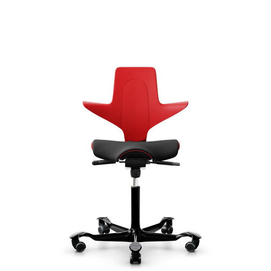 HAG Capisco Puls 8020 mit Sattelsitz bezogen- Schnelllieferprogramm Rote Schale Nexus Schwarz NEX13 Schwarz Gestellfarbe Weiche Rollen für harte Böden
