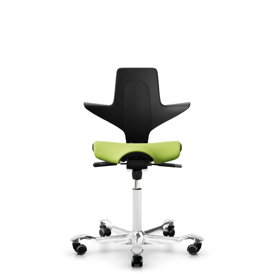 HAG Capisco Puls 8020 Bürostuhl Sattelsitz mit Sitzflächenmatte Schwarz Nexus Grün NEX05 Weiß Aluminium poliert Weiche Rollen für harte Böden