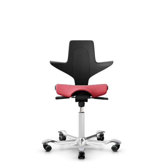 HAG Capisco Puls 8020 Bürostuhl Sattelsitz mit Sitzflächenmatte Schwarz Nexus Rot NEX16 Weiß Aluminium poliert Harte Rollen für weiche Böden