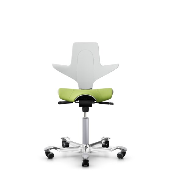 HAG Capisco Puls 8020 Bürostuhl Sattelsitz mit Sitzflächenmatte Weiß Nexus Grün NEX05 Silber Aluminium poliert Harte Rollen für weiche Böden