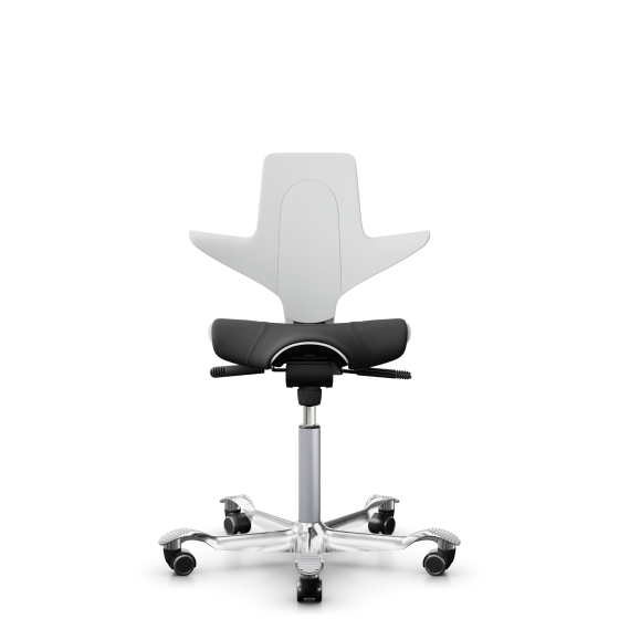 HAG Capisco Puls 8020 Bürostuhl Sattelsitz mit Sitzflächenmatte Weiß Nexus Schwarz NEX13 Silber Aluminium poliert Weiche Rollen für harte Böden