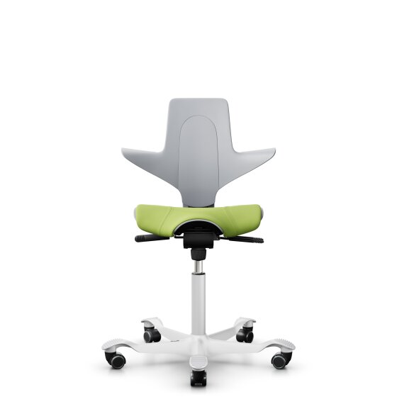 HAG Capisco Puls 8020 Bürostuhl Sattelsitz mit Sitzflächenmatte Hellgrau Nexus Grün NEX05 Weiß Gestellfarbe Harte Rollen für weiche Böden