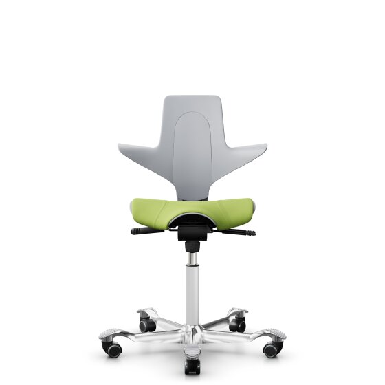 HAG Capisco Puls 8020 Bürostuhl Sattelsitz mit Sitzflächenmatte Hellgrau Nexus Grün NEX05 Weiß Aluminium poliert Weiche Rollen für harte Böden