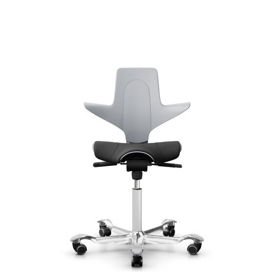 HAG Capisco Puls 8020 Bürostuhl Sattelsitz mit Sitzflächenmatte Hellgrau Nexus Schwarz NEX13 Weiß Aluminium poliert Harte Rollen für weiche Böden