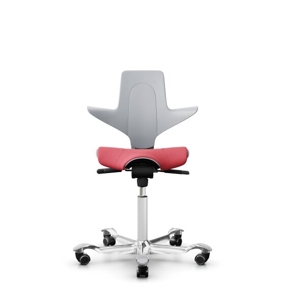 HAG Capisco Puls 8020 Bürostuhl Sattelsitz mit Sitzflächenmatte Hellgrau Nexus Rot NEX16 Weiß Aluminium poliert Weiche Rollen für harte Böden