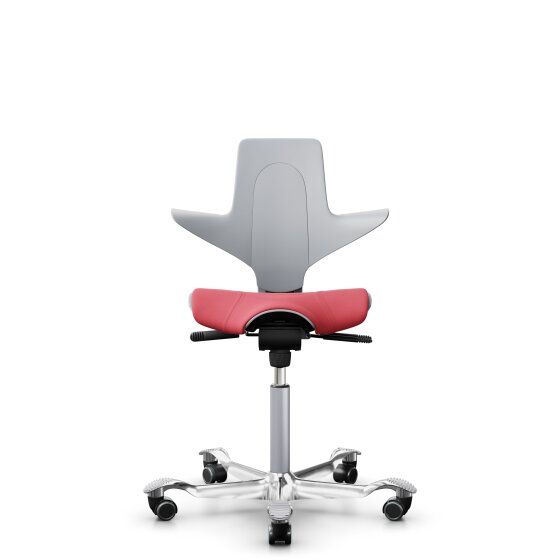 HAG Capisco Puls 8020 Bürostuhl Sattelsitz mit Sitzflächenmatte Hellgrau Nexus Rot NEX16 Silber Aluminium poliert Harte Rollen für weiche Böden
