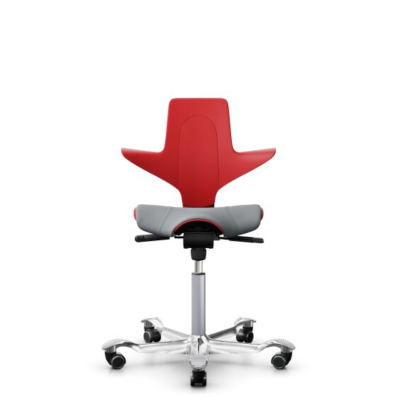 HAG Capisco Puls 8020 Bürostuhl Sattelsitz mit Sitzflächenmatte Rot Nexus Grau NEX01 Silber Aluminium poliert Harte Rollen für weiche Böden