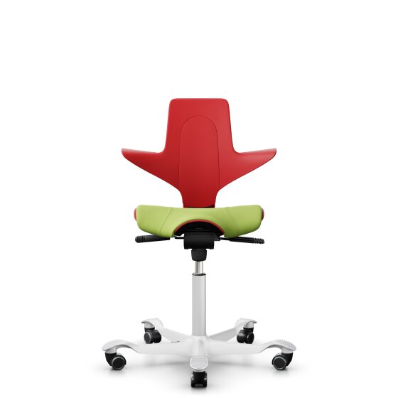 HAG Capisco Puls 8020 Bürostuhl Sattelsitz mit Sitzflächenmatte Rot Nexus Grün NEX05 Weiß Gestellfarbe Harte Rollen für weiche Böden