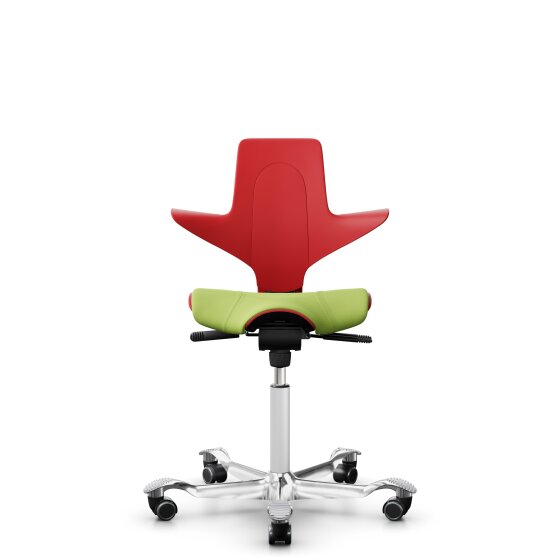 HAG Capisco Puls 8020 Bürostuhl Sattelsitz mit Sitzflächenmatte Rot Nexus Grün NEX05 Weiß Aluminium poliert Weiche Rollen für harte Böden