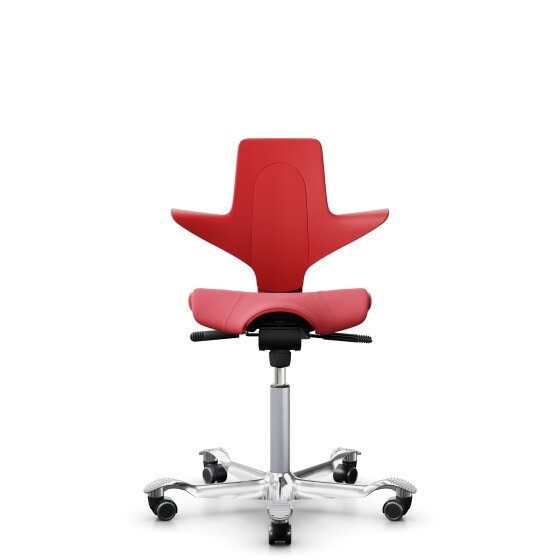 HAG Capisco Puls 8020 Bürostuhl Sattelsitz mit Sitzflächenmatte Rot Nexus Rot NEX16 Silber Aluminium poliert Harte Rollen für weiche Böden