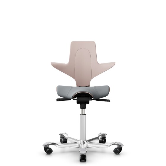 HAG Capisco Puls 8020 Bürostuhl Sattelsitz mit Sitzflächenmatte Pink Nexus Grau NEX01 Weiß Aluminium poliert Harte Rollen für weiche Böden