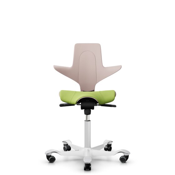 HAG Capisco Puls 8020 Bürostuhl Sattelsitz mit Sitzflächenmatte Pink Nexus Grün NEX05 Weiß Gestellfarbe Harte Rollen für weiche Böden