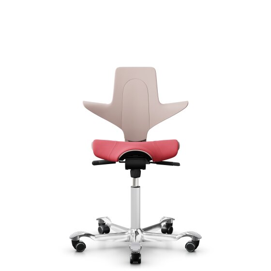HAG Capisco Puls 8020 Bürostuhl Sattelsitz mit Sitzflächenmatte Pink Nexus Rot NEX16 Weiß Aluminium poliert Weiche Rollen für harte Böden