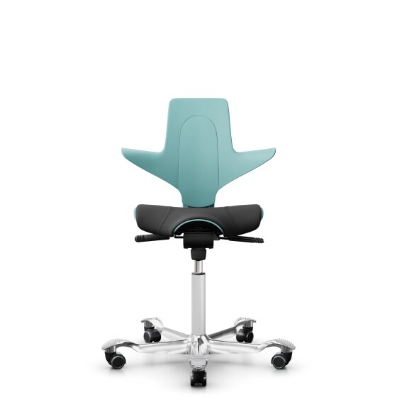 HAG Capisco Puls 8020 Bürostuhl Sattelsitz mit Sitzflächenmatte Seagreen Nexus Schwarz NEX13 Weiß Aluminium poliert Harte Rollen für weiche Böden