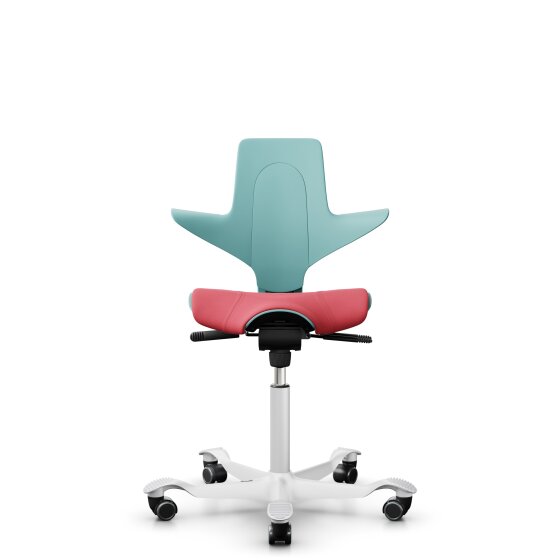 HAG Capisco Puls 8020 Bürostuhl Sattelsitz mit Sitzflächenmatte Seagreen Nexus Rot NEX16 Weiß Gestellfarbe Harte Rollen für weiche Böden