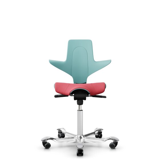HAG Capisco Puls 8020 Bürostuhl Sattelsitz mit Sitzflächenmatte Seagreen Nexus Rot NEX16 Weiß Aluminium poliert Weiche Rollen für harte Böden