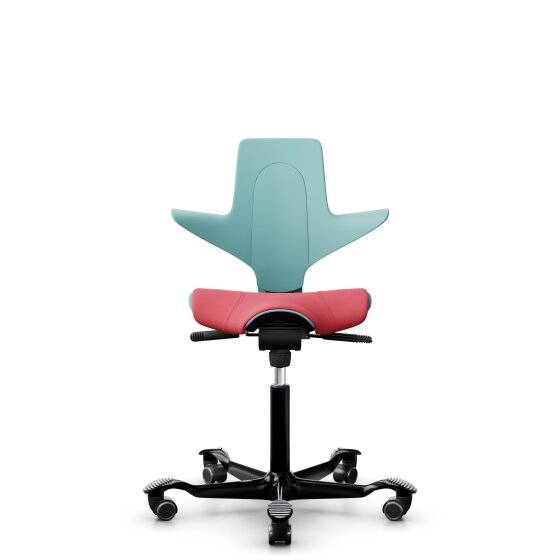 HAG Capisco Puls 8020 Bürostuhl Sattelsitz mit Sitzflächenmatte Seagreen Nexus Rot NEX16 Schwarz Gestellfarbe Harte Rollen für weiche Böden