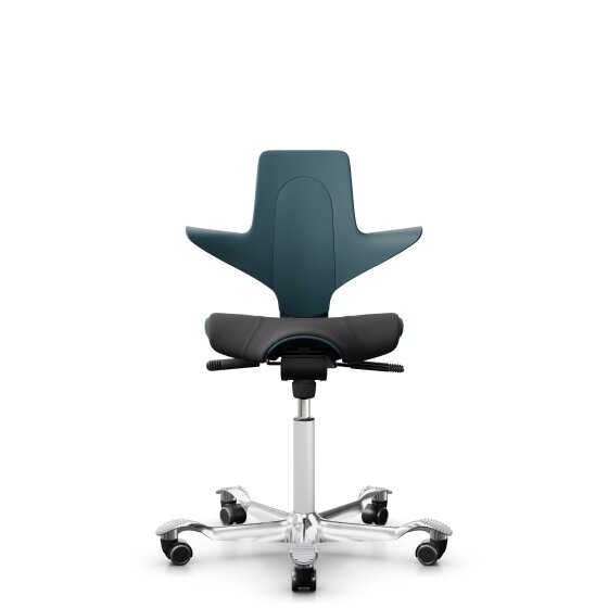 HAG Capisco Puls 8020 Bürostuhl Sattelsitz mit Sitzflächenmatte Petroleum Nexus Schwarz NEX13 Weiß Aluminium poliert Weiche Rollen für harte Böden